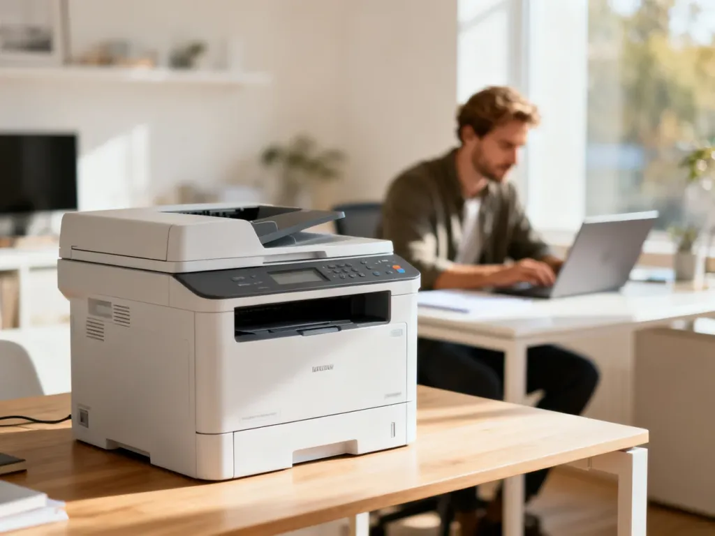 Wielofunkcyjna drukarka laserowa Canon i-SENSYS na biurku w jasnym, nowoczesnym biurze domowym.