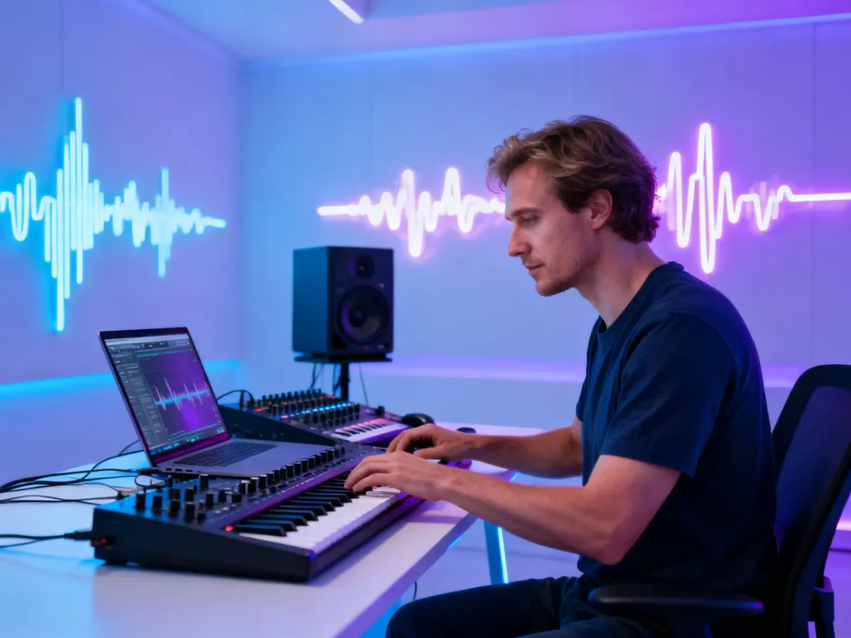 Mężczyzna tworzący muzykę na laptopie w nowoczesnym studiu z profesjonalnym sprzętem audio i neonowym oświetleniem.