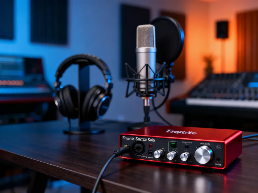 Interfejs audio Focusrite Scarlett Solo 3rd Gen na drewnianym biurku w profesjonalnym domowym studiu nagraniowym.