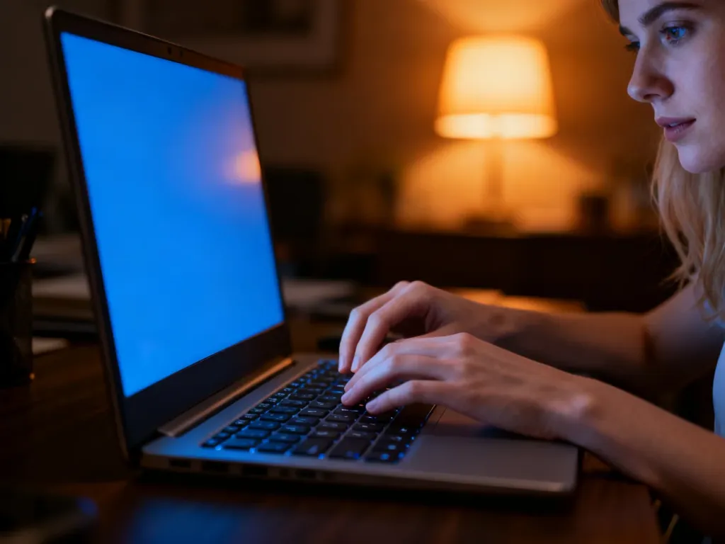 Dłonie kobiety regulujące jasność ekranu na klawiaturze laptopa w przytulnym, domowym biurze.