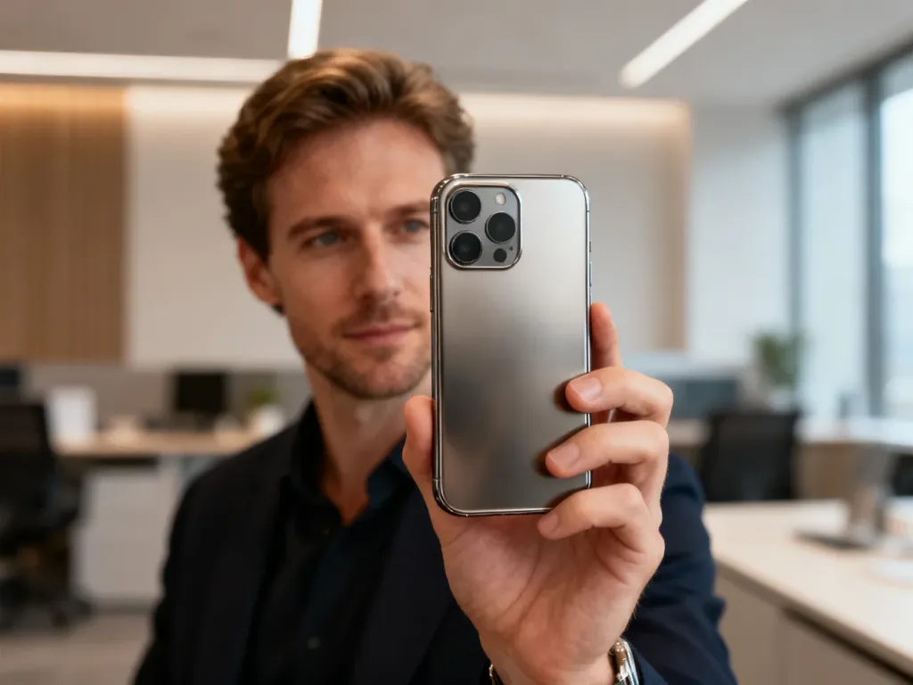 Mężczyzna trzymający w dłoni iPhone'a 16 Pro Max z tytanową obudową w profesjonalnym biurowym otoczeniu.