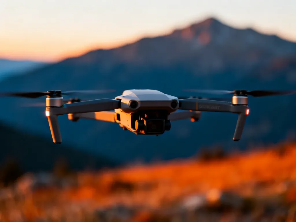 Nowoczesny dron FPV DJI Avata 2 unoszący się w powietrzu na tle malowniczego, górskiego krajobrazu podczas złotej godziny.