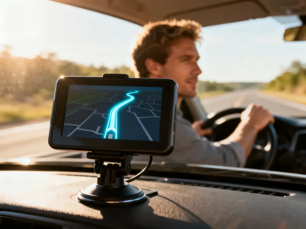 Nowoczesna nawigacja GPS zamontowana na desce rozdzielczej samochodu z widoczną trasą na ekranie podczas jazdy.