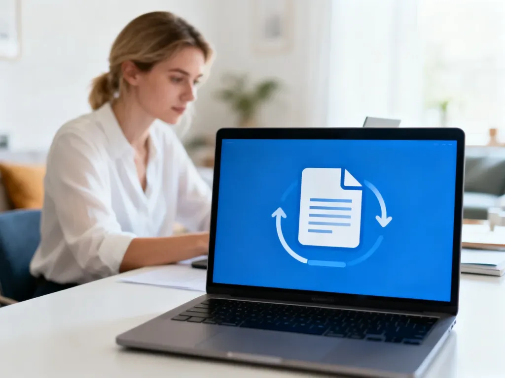 Kobieta pracująca przy laptopie, na którego ekranie widoczny jest proces konwersji dokumentu do formatu PDF.