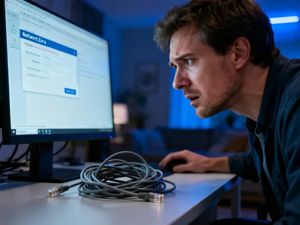 Zirytowany mężczyzna przed monitorem z błędem sieciowym oraz splątany kabel Ethernet na biurku.