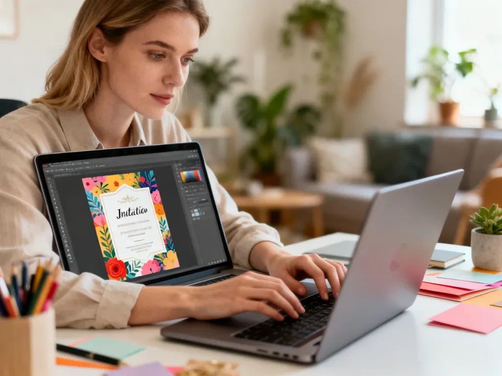Kobieta projektuje kolorowe zaproszenie cyfrowe na laptopie w przytulnym domowym biurze.