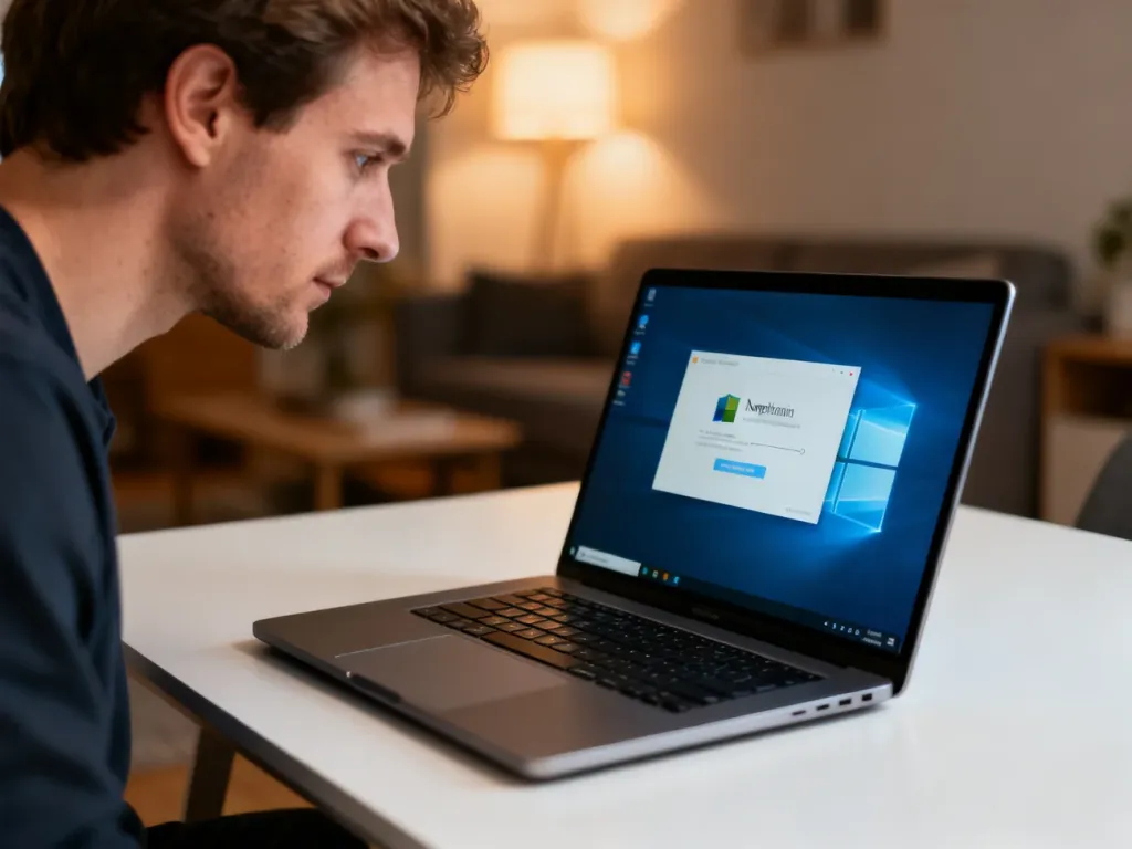 Mężczyzna skupiony na instalacji systemu operacyjnego na laptopie w przytulnym, minimalistycznym biurze domowym.