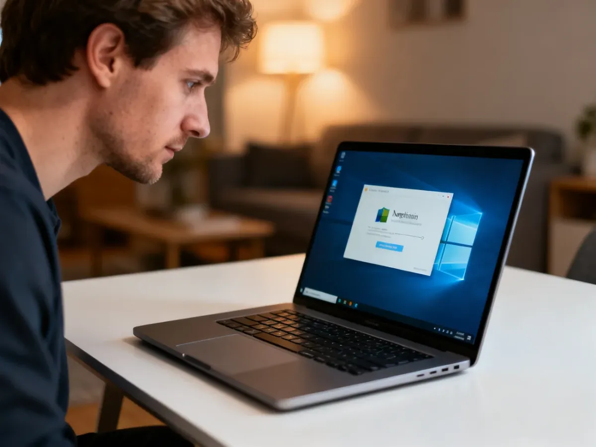 Mężczyzna skupiony na instalacji systemu operacyjnego na laptopie w przytulnym, minimalistycznym biurze domowym.