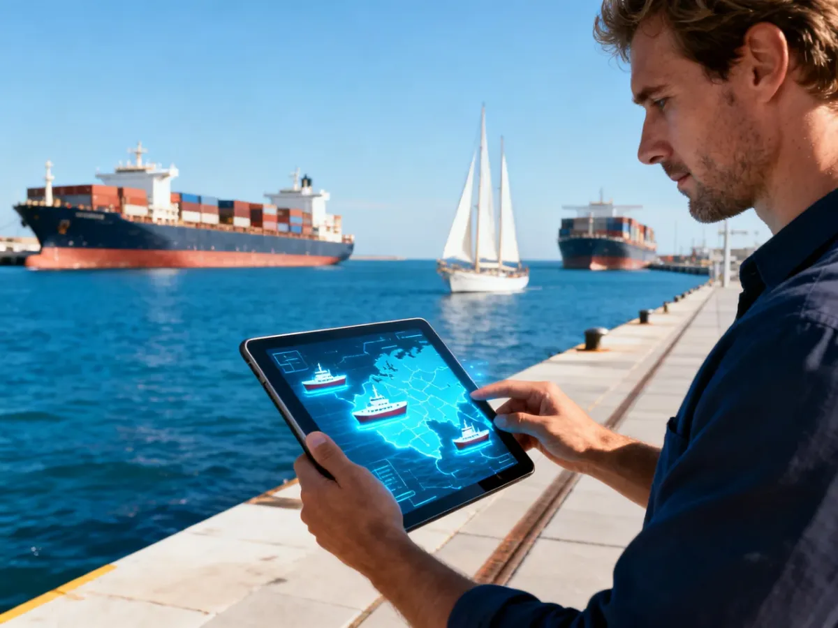 Mężczyzna na nabrzeżu korzysta z tabletu z cyfrową mapą statków AIS, mając w tle widok na port i jednostki pływające.