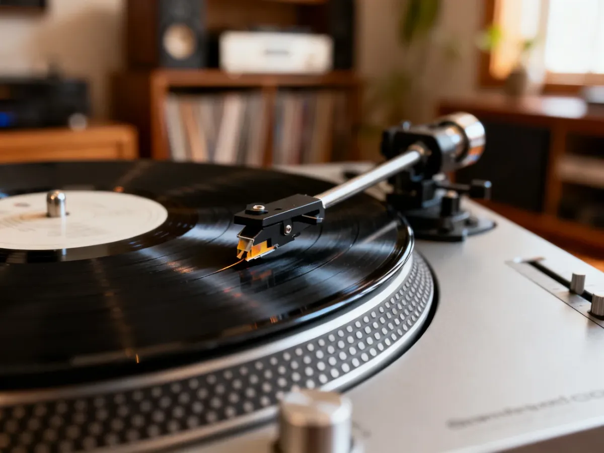 Gramofon odtwarzający czarną płytę winylową