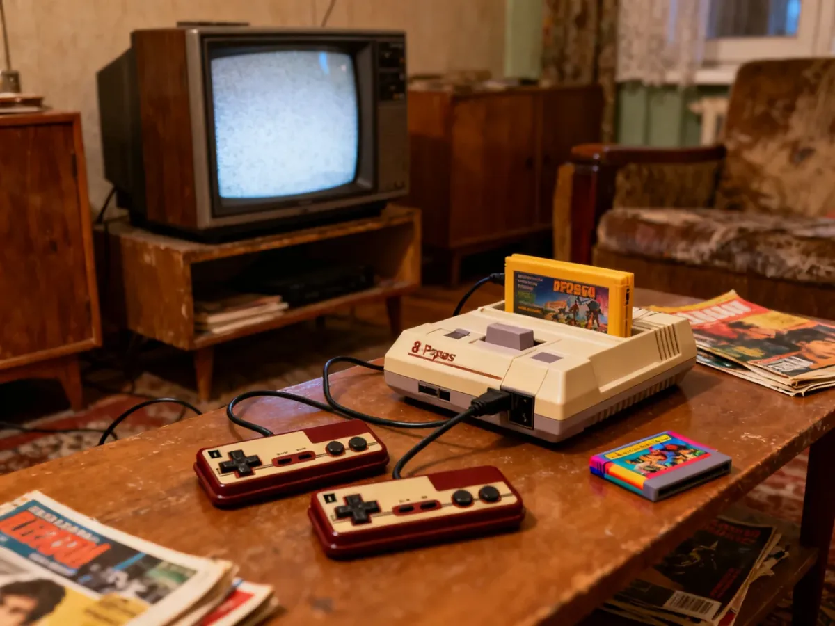 Pegasus-style console with controllers beside a CRT television