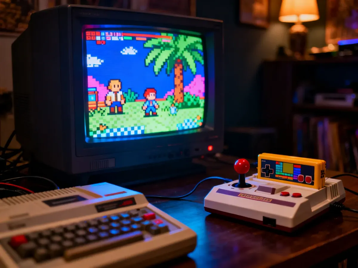 Klimatyczny zestaw do grania w klasyczne gry retro z konsolą i ekranem CRT
