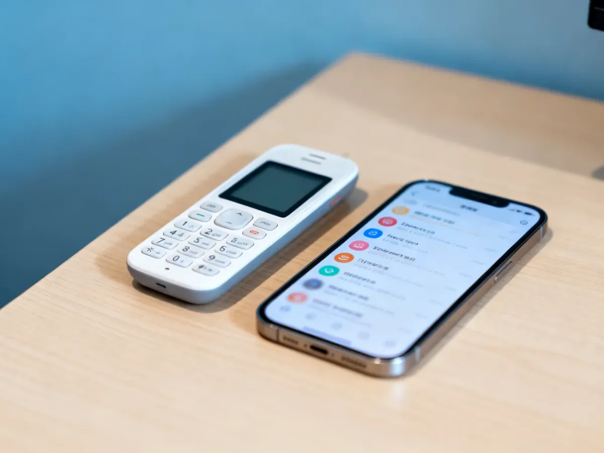 Prosty telefon z fizyczną klawiaturą obok rozpraszającego smartfona