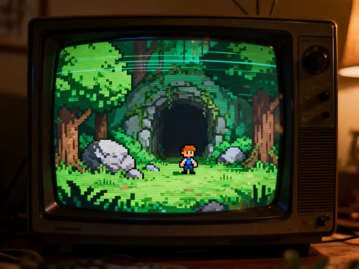 Klasyczna gra przygodowa w stylu 8-bit wyświetlana na telewizorze CRT