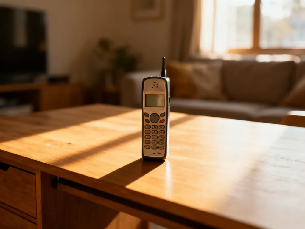 Minimalistyczny telefon z przyciskami na drewnianym biurku w ciepłym, przytulnym wnętrzu, podkreślający ideę prostoty.