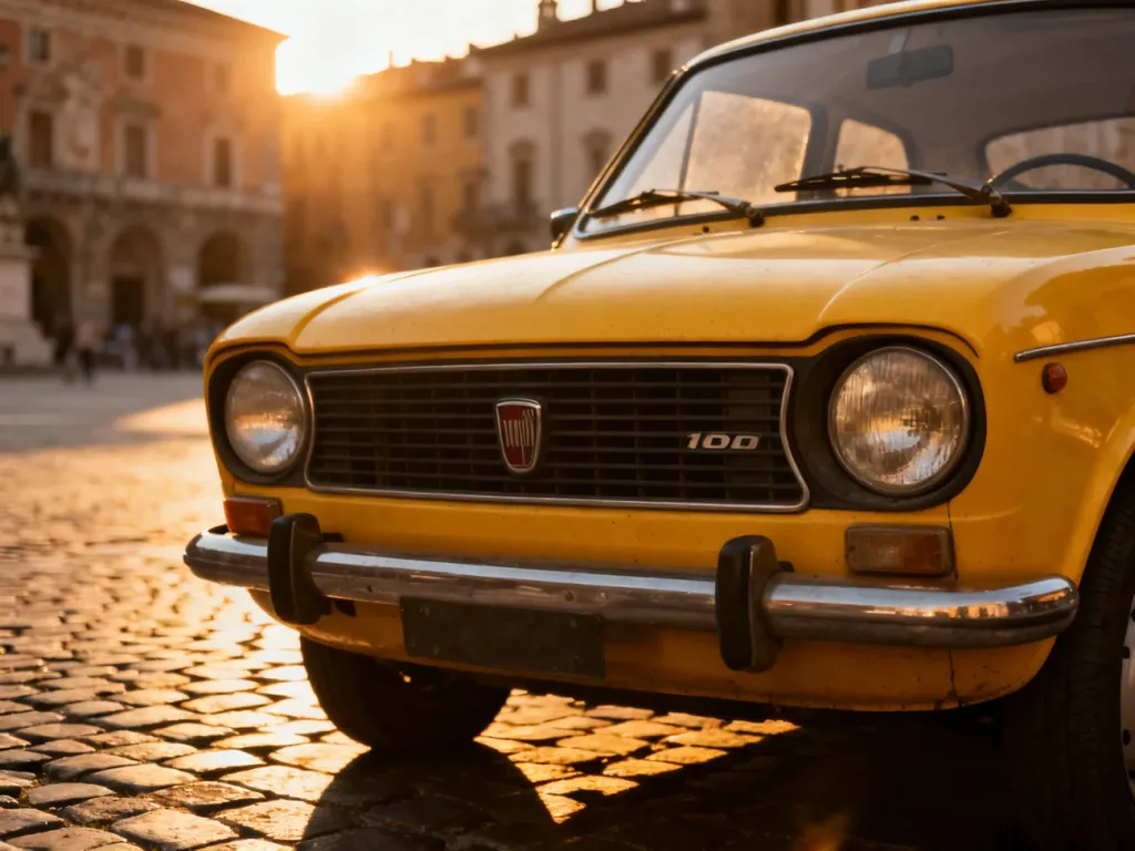 Żółty Fiat 126p zaparkowany na brukowanej uliczce starego miasta w świetle zachodzącego słońca.
