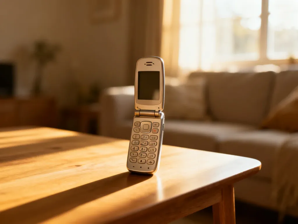 Klasyczny telefon z klapką z dużymi przyciskami leżący na drewnianym stole w przytulnym, słonecznym salonie.