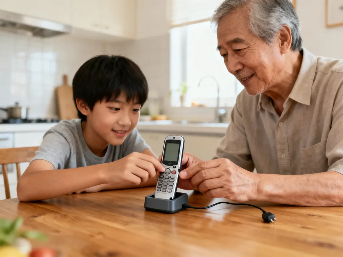 Senior testing a flip phone with a family member