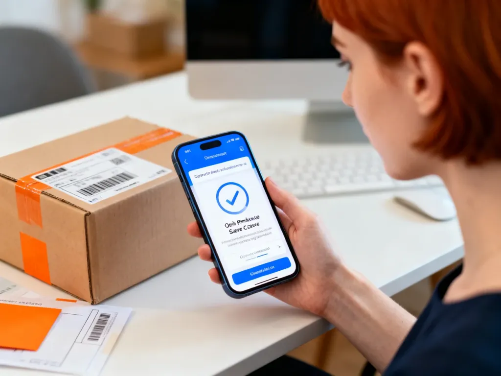 Kobieta trzymająca smartfon z ekranem potwierdzenia sprzedaży na tle biurka z paczką, gotową do wysyłki przez OLX.