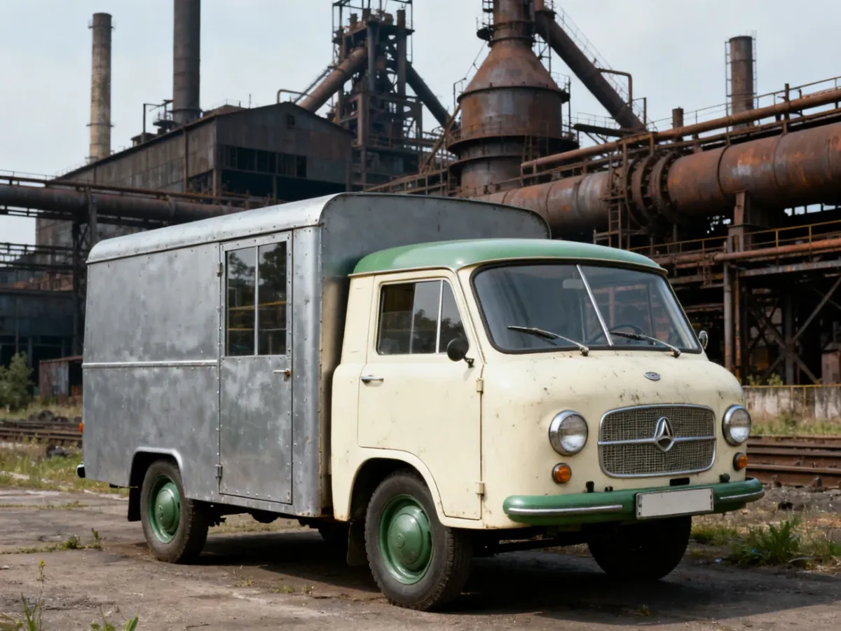 Prototypowa furgonetka Stal 300 przed przemysłowym zakładem