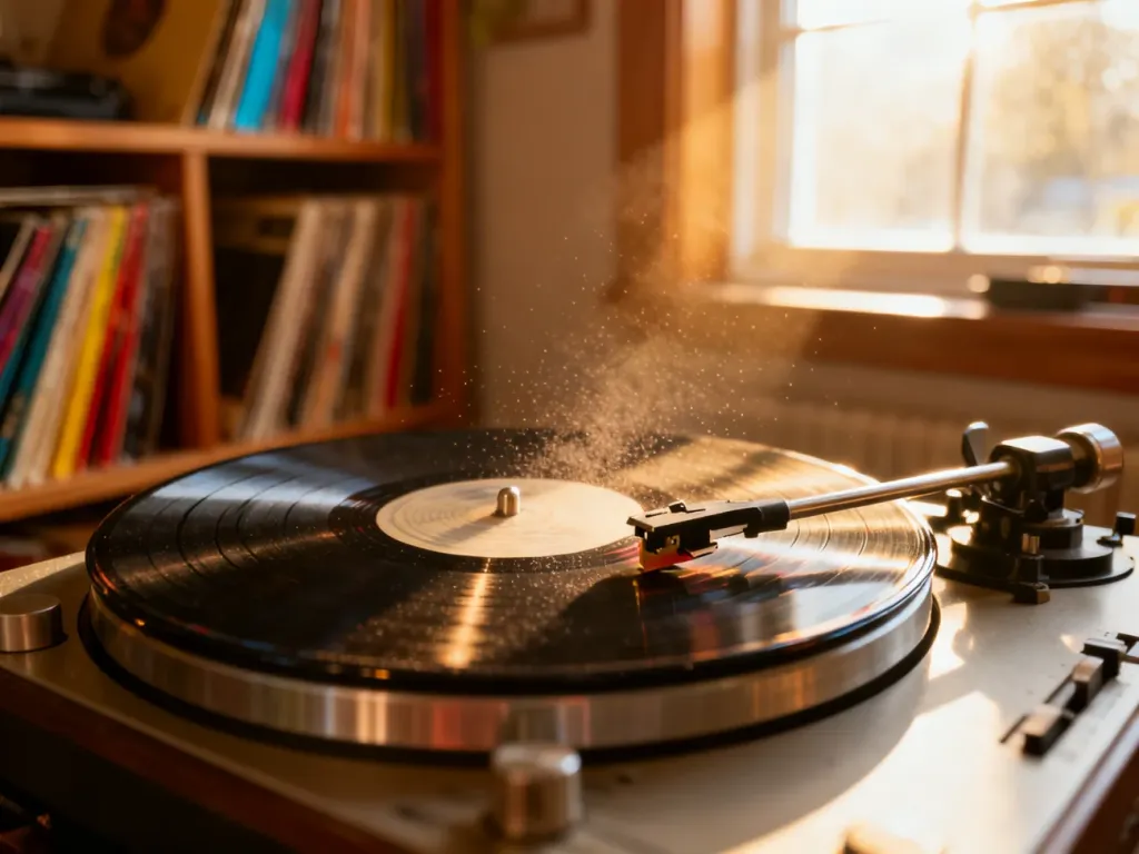 Gramofon z obracającą się płytą winylową w ciepłym świetle, podkreślający nostalgiczną atmosferę słuchania muzyki.