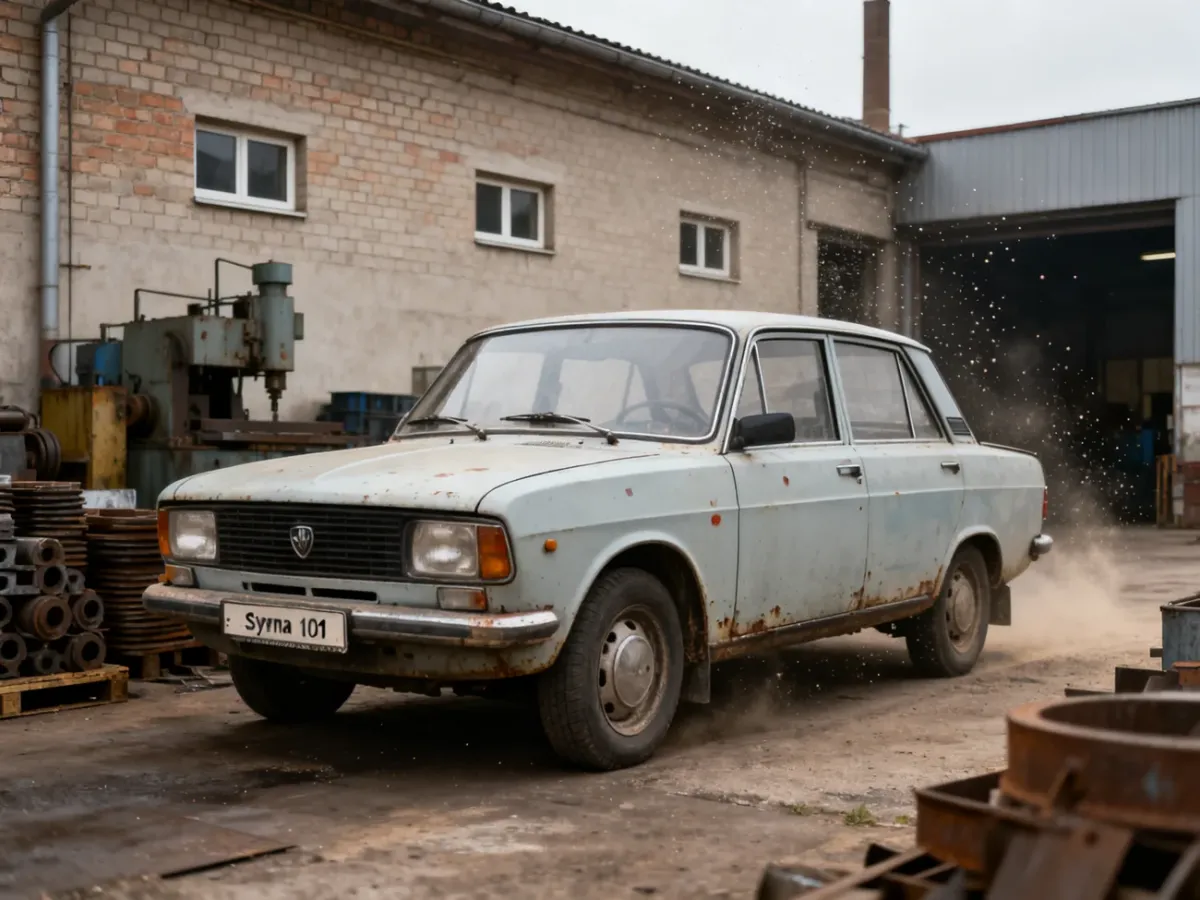 Zabytkowa Syrena 105 przed fabryką z czasów PRL