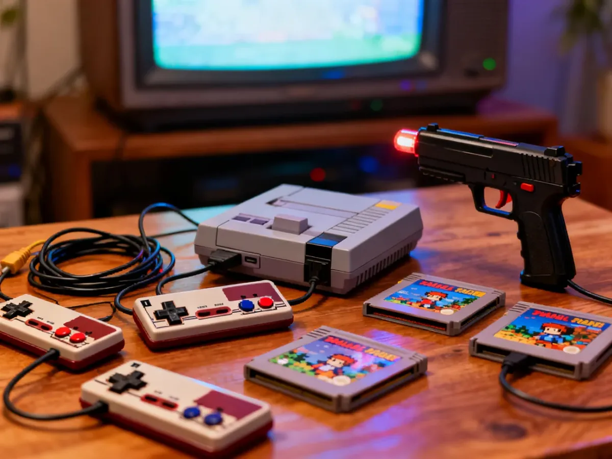 Retro console accessories including controllers, cartridges and a light gun