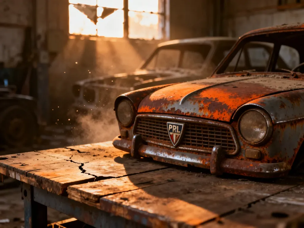 Zardzewiały emblemat klasycznego polskiego samochodu na tle opuszczonego warsztatu, przywołujący nostalgię za dawną motoryzacją.