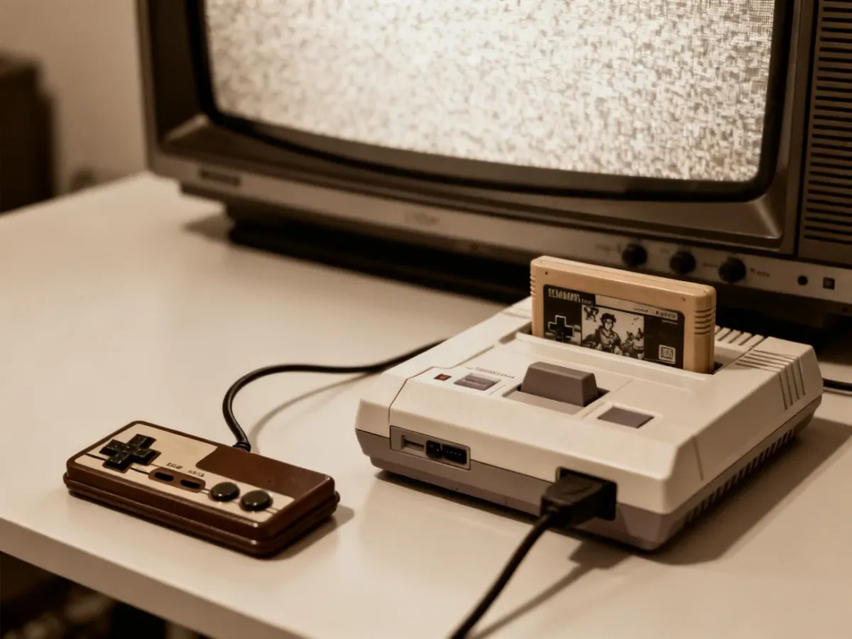 Klasyczna konsola, kartridż i kontroler przy telewizorze CRT