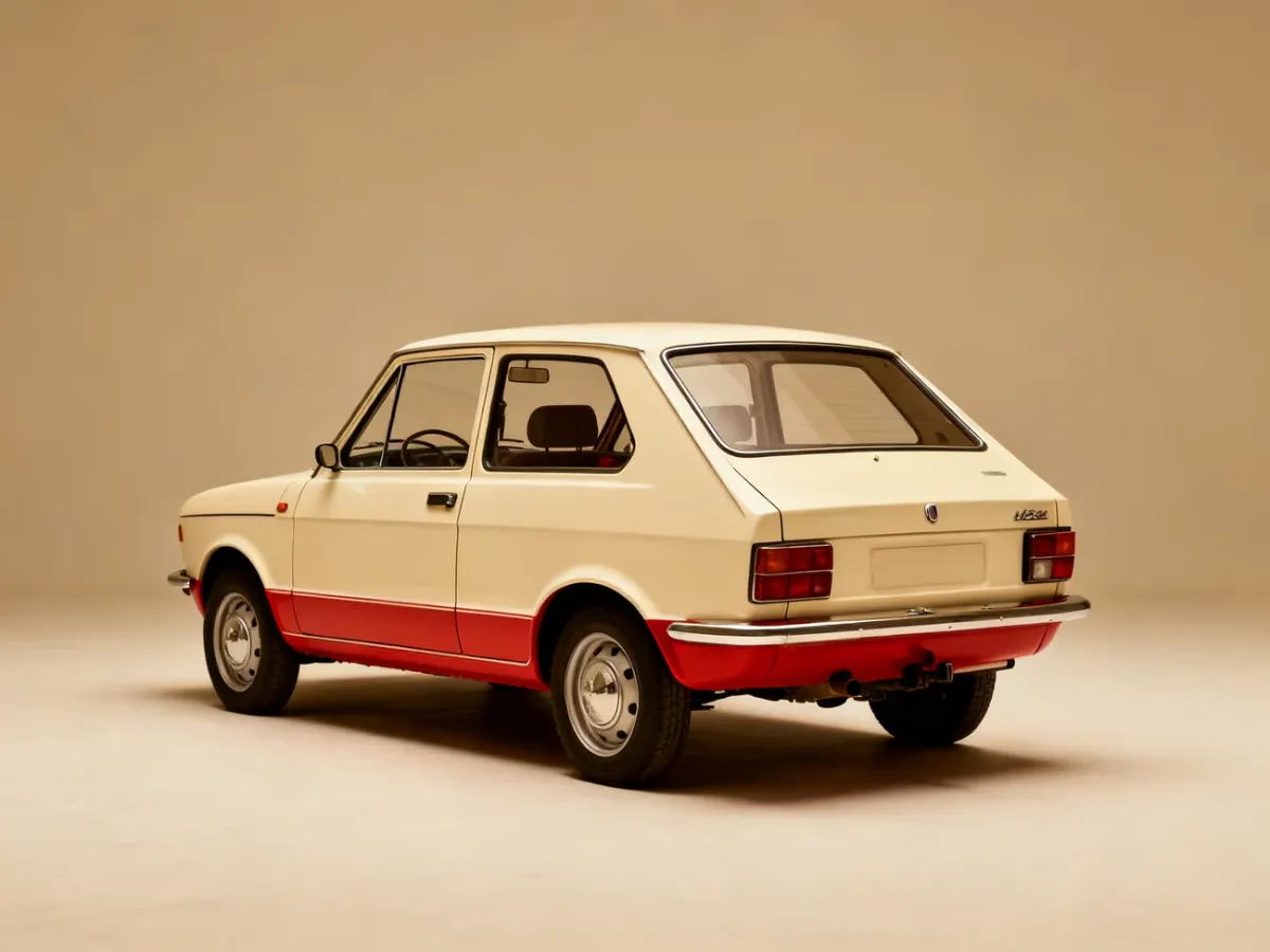 Klasyczny Fiat 126p w ujęciu prezentującym jego niewielkie nadwozie