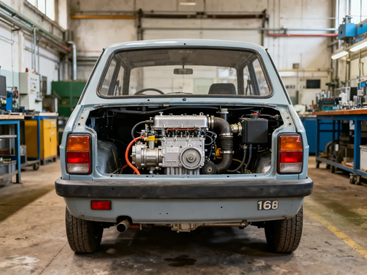 Prototypowy Fiat 126p z silnikiem Diesla w warsztacie