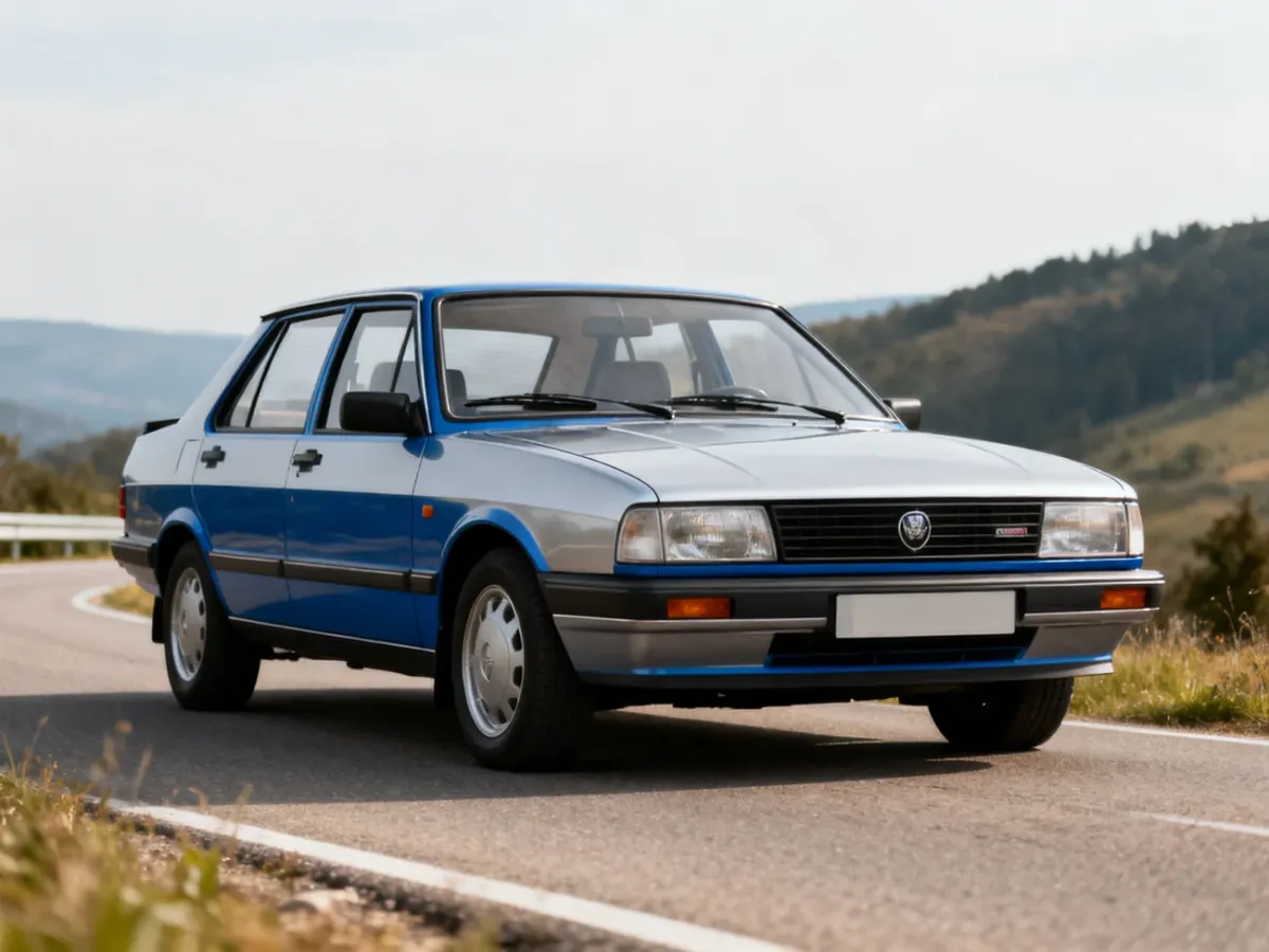 Youngtimer z lat 80. lub 90. na malowniczej drodze