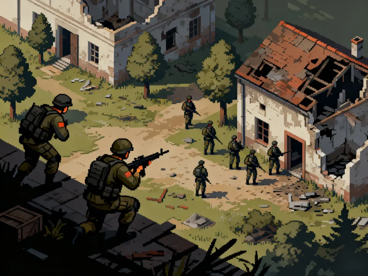Oddział komandosów obserwujący patrol przeciwnika na izometrycznej mapie