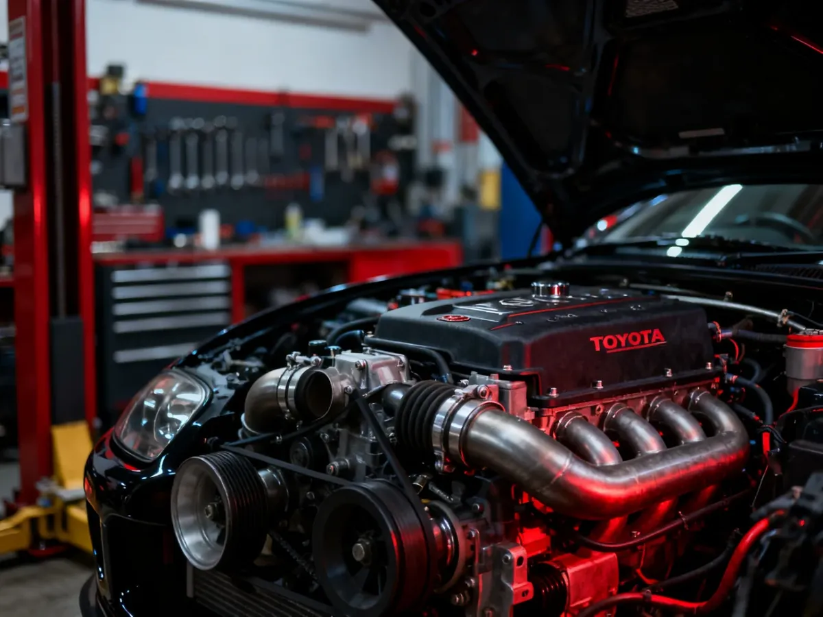 Toyota Supra Mk4 z wyeksponowanym turbodoładowanym silnikiem 2JZ