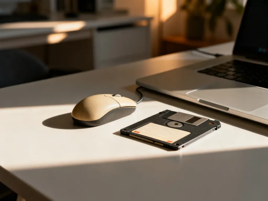 Zestawienie nowoczesnego laptopa z myszką retro i dyskietką na biurku, symbolizujące łączenie technologii dawnych i nowych.