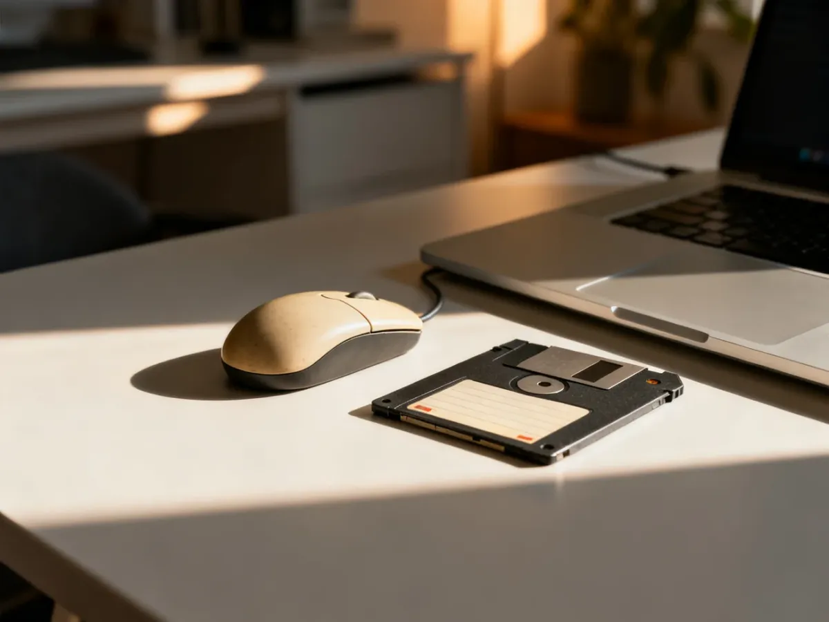 Zestawienie nowoczesnego laptopa z myszką retro i dyskietką na biurku, symbolizujące łączenie technologii dawnych i nowych.