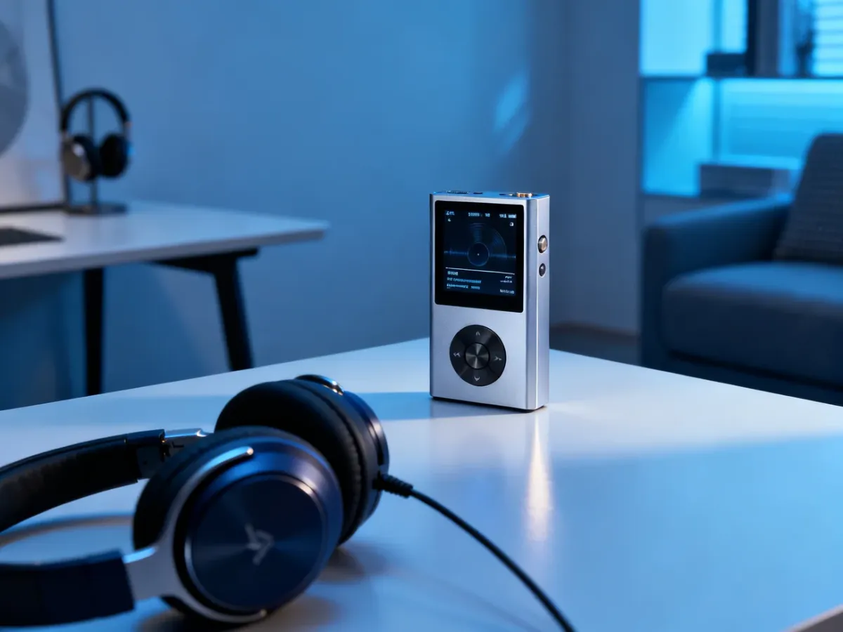 Współczesny cyfrowy odtwarzacz Walkman z wysokiej klasy słuchawkami