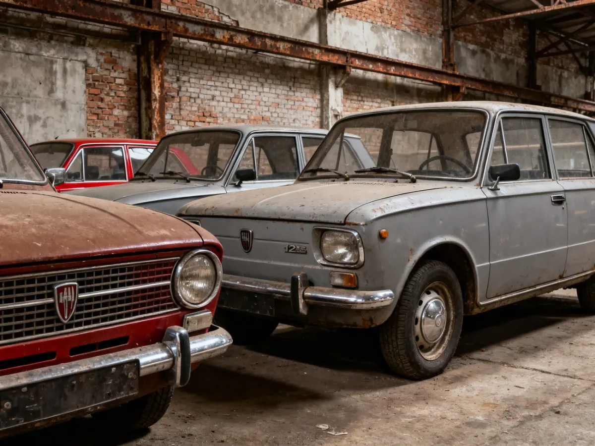 Ikoniczne samochody motoryzacji PRL ustawione razem w przemysłowej scenerii