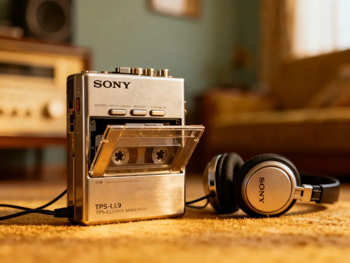 Zabytkowy odtwarzacz Sony TPS-L2 z kasetą i słuchawkami