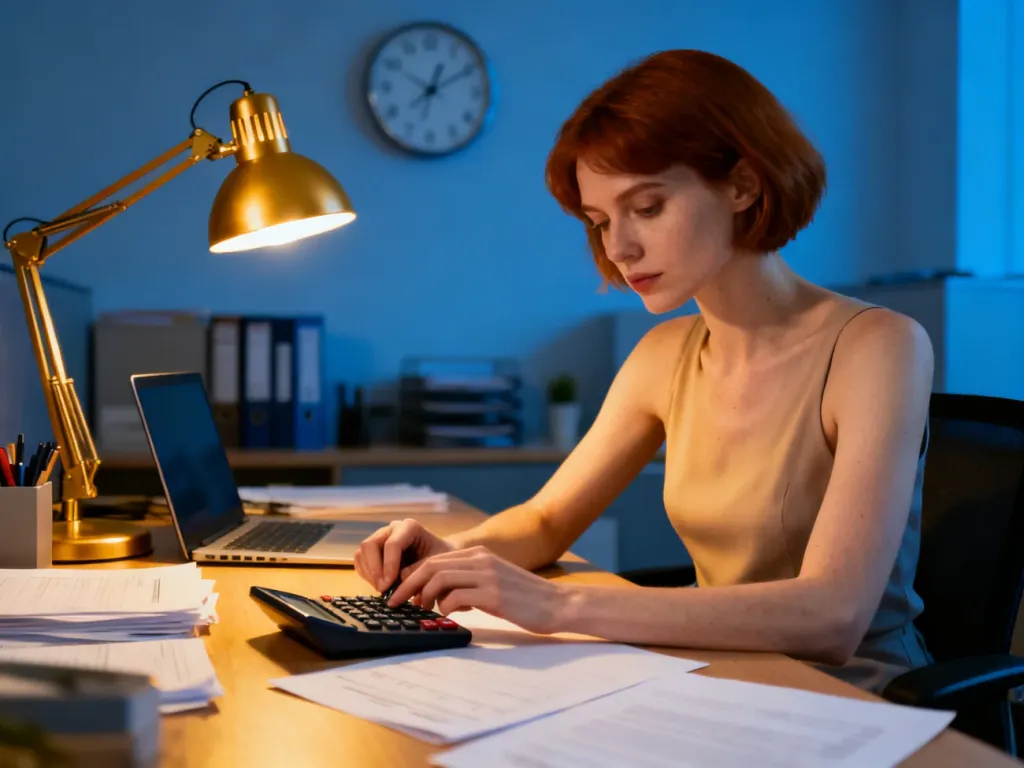 Kobieta w biurze oblicza godziny pracy na kalkulatorze, korzystając z dokumentów i laptopa.