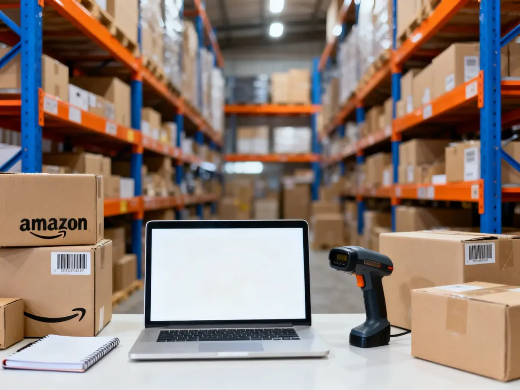 Profesjonalne stanowisko pracy sprzedawcy na Amazon z laptopem, skanerem kodów kreskowych i uporządkowanymi paczkami do wysyłki.