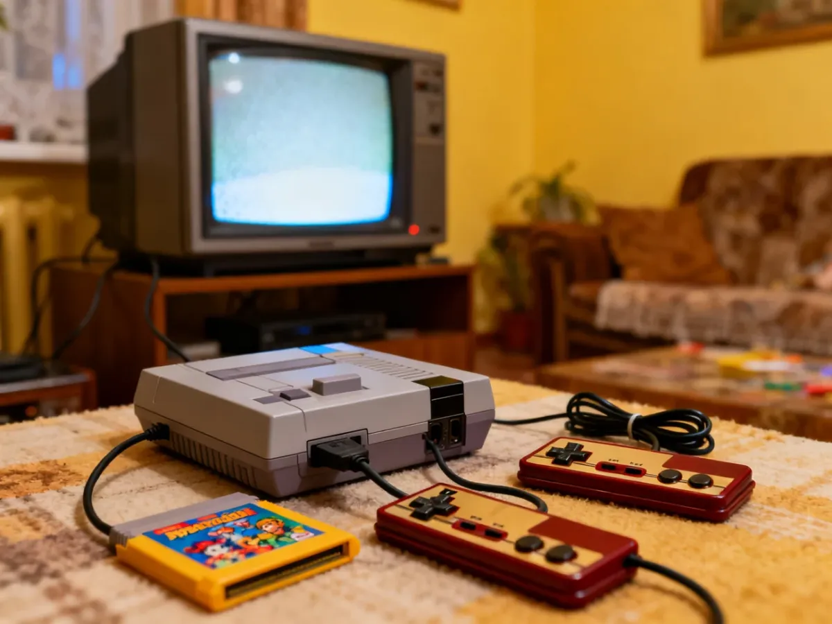 Retro Pegasus-style console with controllers beside a CRT television