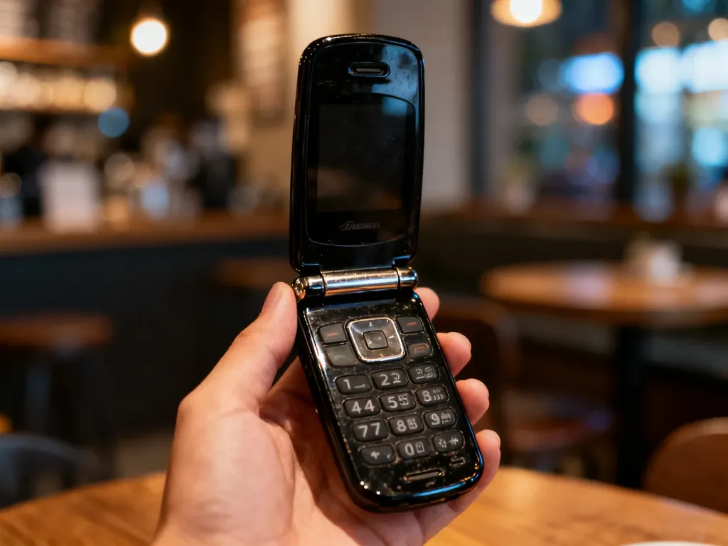 Otwarty telefon z klapką w stylu retro trzymany w dłoni na tle przytulnej kawiarni, podkreślający powrót mody na urządzenia vintage.