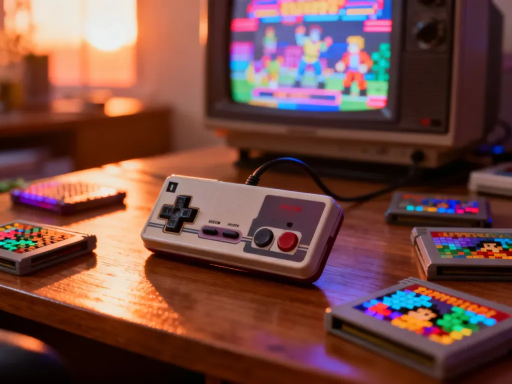 Kontroler do konsoli retro i kolorowe kartridże na drewnianym biurku w świetle starego telewizora CRT.