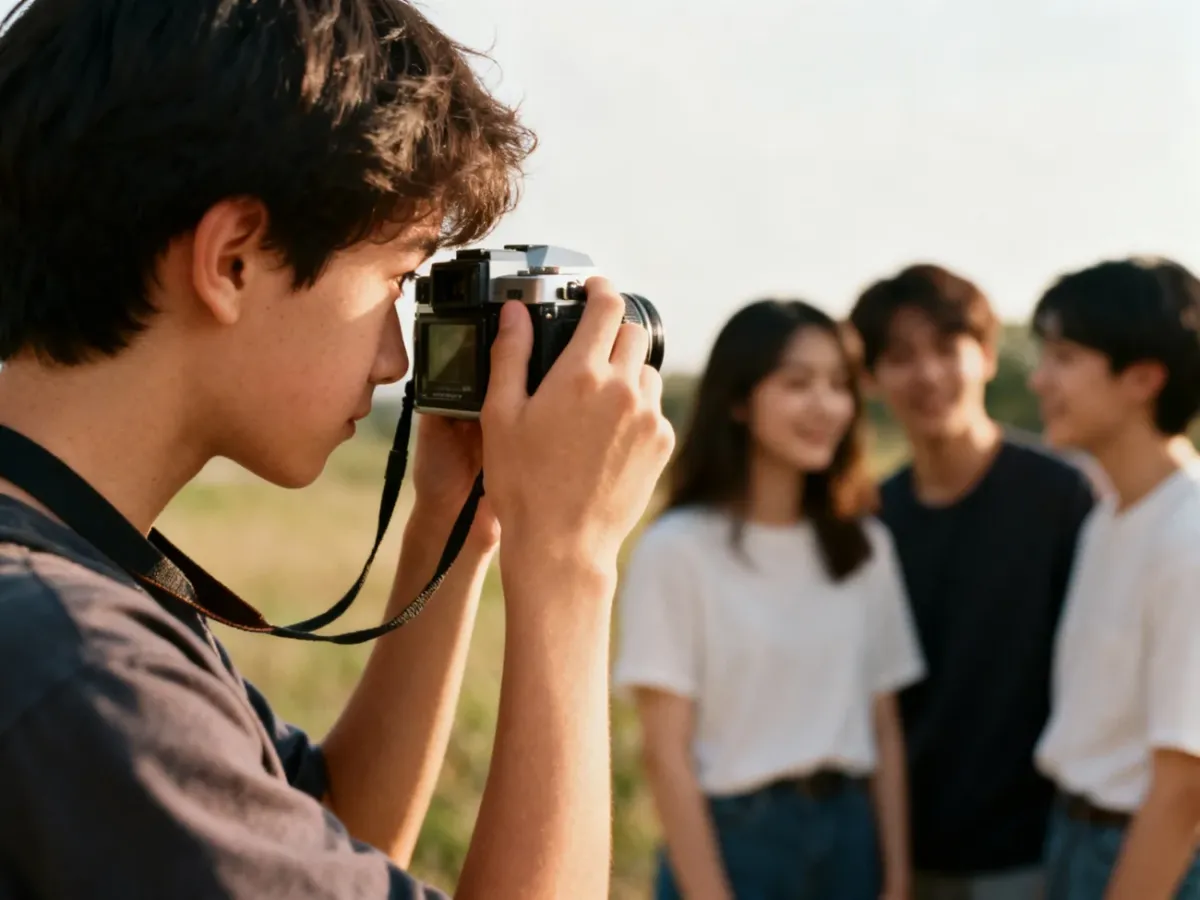 Młoda osoba fotografująca znajomych klasycznym aparatem analogowym