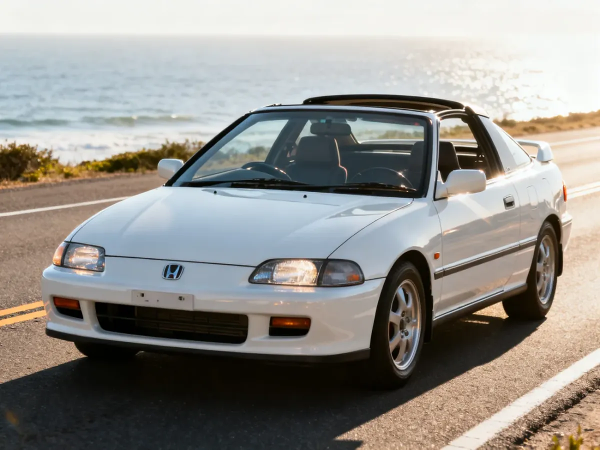 Honda CRX del Sol z otwartym dachem targa na nadmorskiej drodze