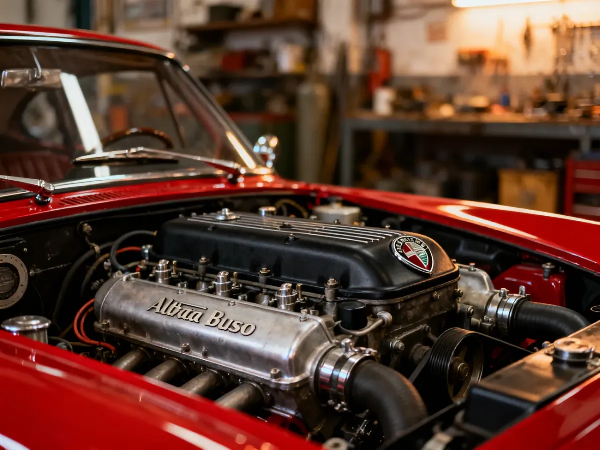 Klasyczna Alfa Romeo z wyeksponowanym silnikiem V6 Busso w warsztacie