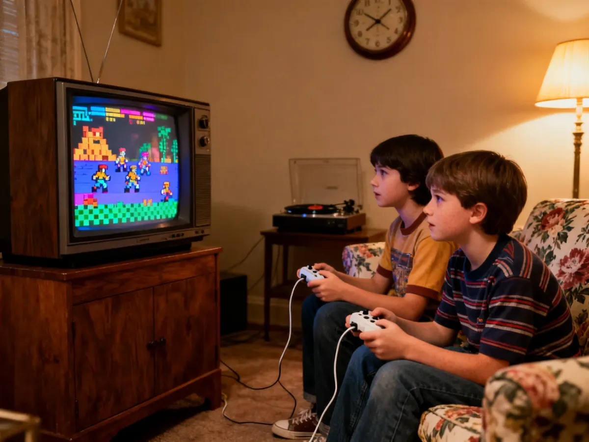 Two children playing a retro console game together