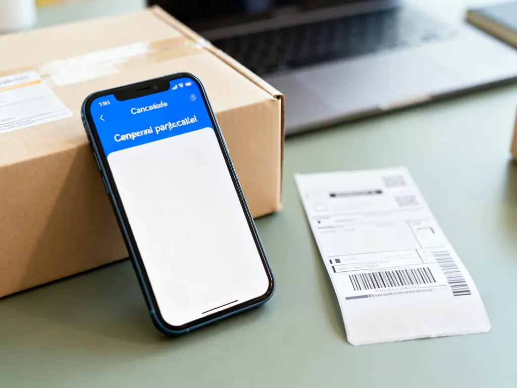 Smartfon z ekranem anulowania transakcji oraz zapakowana paczka z etykietą na biurku.