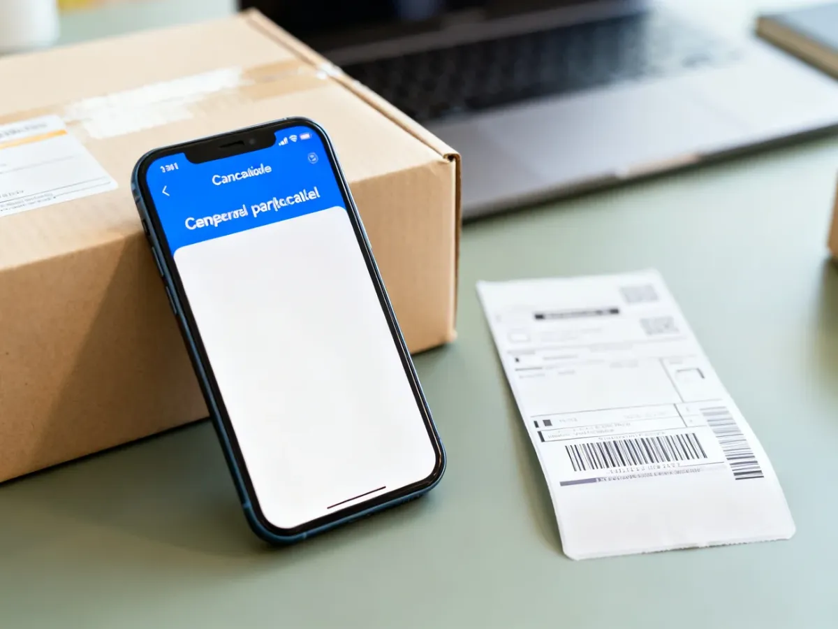 Smartfon z ekranem anulowania transakcji oraz zapakowana paczka z etykietą na biurku.
